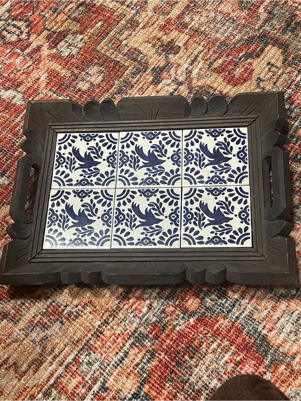 Vintage Blue and White Carved Wood Tile Serving Tray